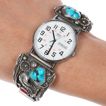 7" SC Navajo 70's-80's Sterling silver watch tips w/turquoise/coral - Estate Fresh Austin