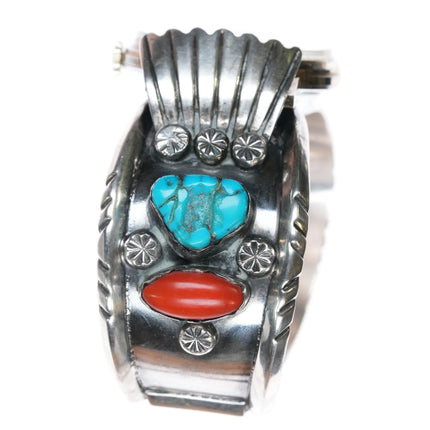 7.1" EPL Navajo Sterling silver, turquoise, coral Watch Cuff bracelet - Estate Fresh Austin