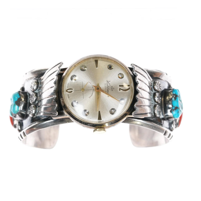 7.1" EPL Navajo Sterling silver, turquoise, coral Watch Cuff bracelet - Estate Fresh Austin