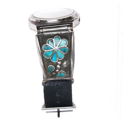 6.75" c1950 Zuni sterling silver turquoise flush inlay watch tip 70's TI digital - Estate Fresh Austin