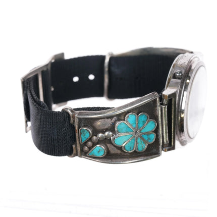 6.75" c1950 Zuni sterling silver turquoise flush inlay watch tip 70's TI digital - Estate Fresh Austin