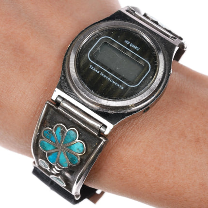6.75" c1950 Zuni sterling silver turquoise flush inlay watch tip 70's TI digital - Estate Fresh Austin