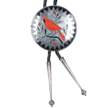 c1960 c-31 Dennis & Nancy Edaakie Zuni Cardinal Redbird bolo tie sterling silver - Estate Fresh Austin