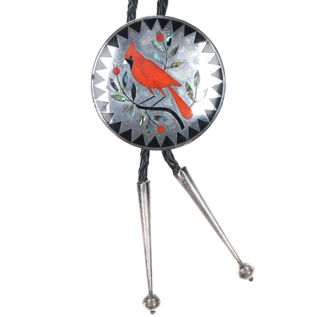 c1960 c-31 Dennis & Nancy Edaakie Zuni Cardinal Redbird bolo tie sterling silver - Estate Fresh Austin