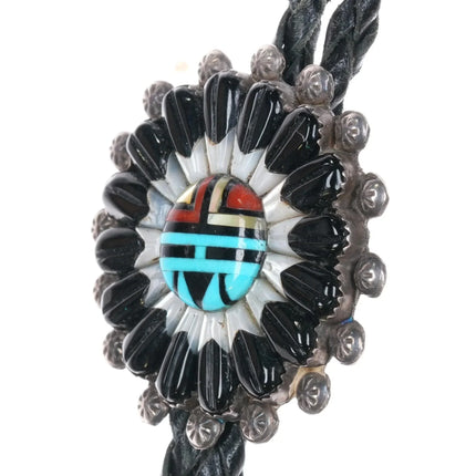 c1980's Barbara Dewa Zuni carved sunface bolo tie sterling silver - Estate Fresh Austin