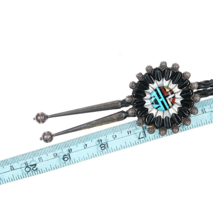 c1980's Barbara Dewa Zuni carved sunface bolo tie sterling silver - Estate Fresh Austin
