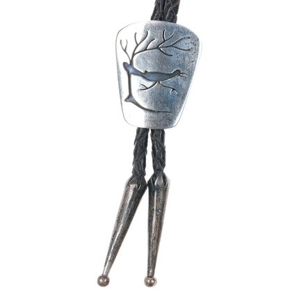 c1950 Navajo sterling silver Roadrunner bolo tie in overlay style - Estate Fresh Austin