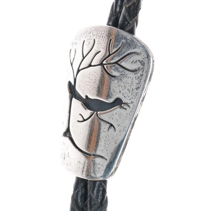 c1950 Navajo sterling silver Roadrunner bolo tie in overlay style - Estate Fresh Austin