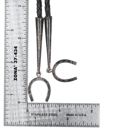 c1950 picto mark Native American silver Horseshoe turquoise/coral bolo tie - Estate Fresh Austin