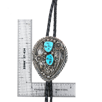 1980's RBP Navajo sterling silver bolo tie w/ two Kingman Turquoise stones - Estate Fresh Austin