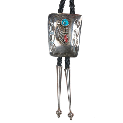 1980's Jeff Largo Navajo sterling, turquoise, and coral bolo tie - Estate Fresh Austin
