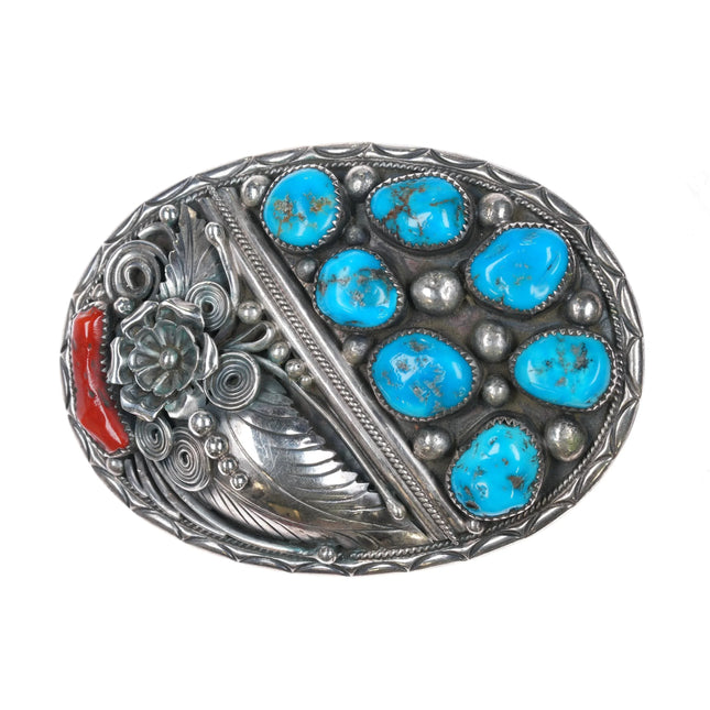 Vintage Gomez Sterling silver, turquoise cluster/coral belt buckle - Estate Fresh Austin