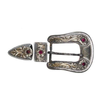 Hollands San Angelo #105 14k gold sterling silver rubies ranger belt buckle set - Estate Fresh Austin