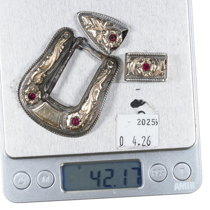 Hollands San Angelo #105 14k gold sterling silver rubies ranger belt buckle set - Estate Fresh Austin