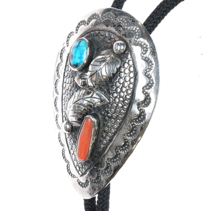 c1960 c-31 Navajo sterling silver, turquoise, and coral bolo tie lg - Estate Fresh Austin