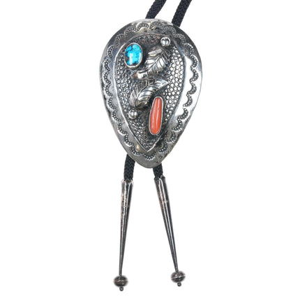 c1960 c-31 Navajo sterling silver, turquoise, and coral bolo tie lg - Estate Fresh Austin