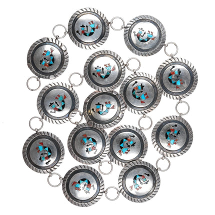 30" c1940 Zuni Sterling silver inlaid rainbow man link concho belt - Estate Fresh Austin