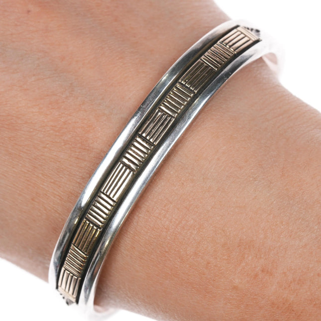 7.375 Bruce Morgan Navajo 14k gold sterling silver deep stamped cuff bracelet - Estate Fresh Austin