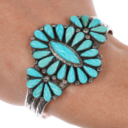 6.5" Vintage Zuni sterling silver carved turquoise cluster cuff bracelet - Estate Fresh Austin