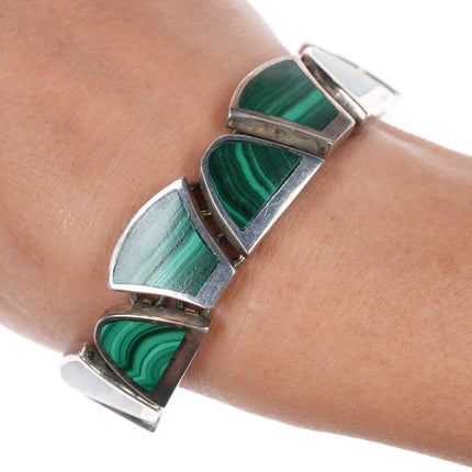 7.25" Vintage Mexican sterling and malachite link bracelet - Estate Fresh Austin