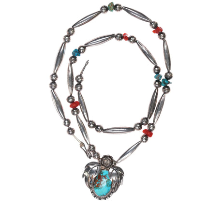 1970's OV Navajo sterling silver turquoise and coral beaded necklace/pendant. - Estate Fresh Austin