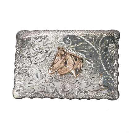 c1950 10k gold/Sterling silver Renalde hand engraved horse western belt buckle - Estate Fresh Austin
