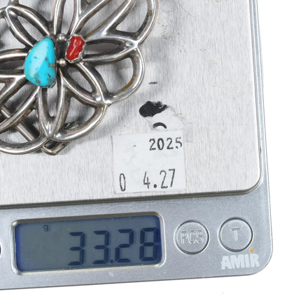 Small AJW Navajo cast sterling silver, turquoise, coral belt buckle - Estate Fresh Austin