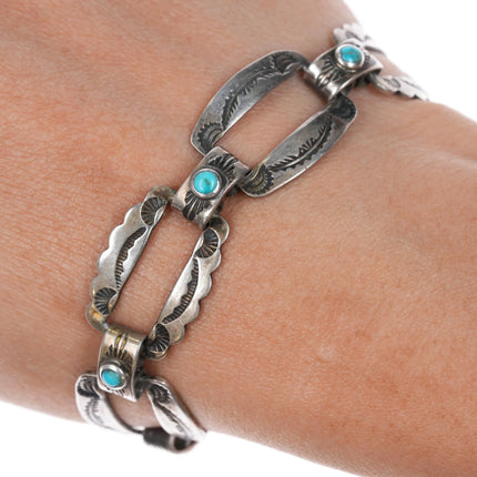 6.25" 1940's Navajo Fred Harvey sterling silver link bracelet w/turquoise - Estate Fresh Austin