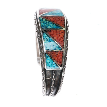 6.4" Vintage Navajo silver chip inlay geometric cuff bracelet nice stamped sides - Estate Fresh Austin