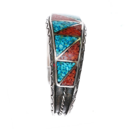 6.4" Vintage Navajo silver chip inlay geometric cuff bracelet nice stamped sides - Estate Fresh Austin