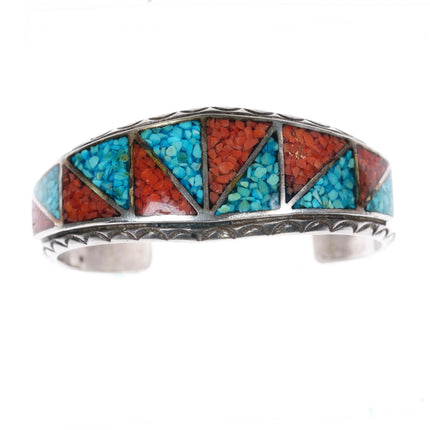 6.4" Vintage Navajo silver chip inlay geometric cuff bracelet nice stamped sides - Estate Fresh Austin