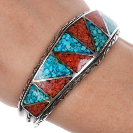 6.4" Vintage Navajo silver chip inlay geometric cuff bracelet nice stamped sides - Estate Fresh Austin