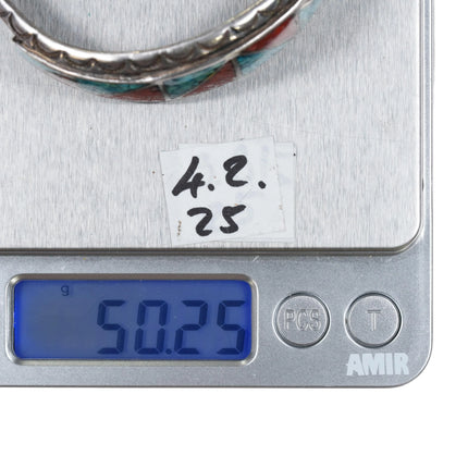 6.4" Vintage Navajo silver chip inlay geometric cuff bracelet nice stamped sides - Estate Fresh Austin