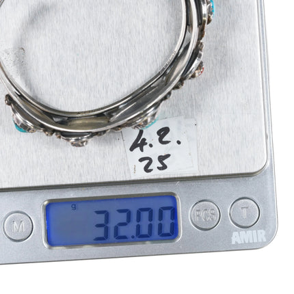 c1970 Monroe Ashley Navajo silver turquoise/coral curved row cuff bracelet - Estate Fresh Austin