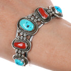 c1970 Monroe Ashley Navajo silver turquoise/coral curved row cuff bracelet - Estate Fresh Austin