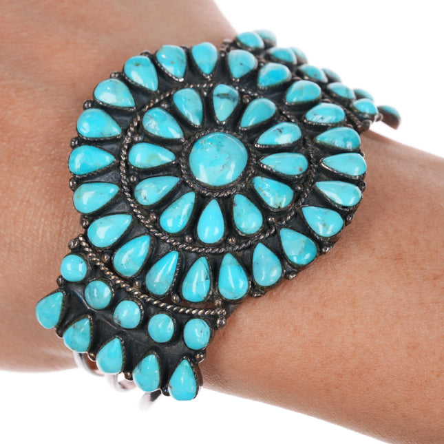 6.25" Southwestern style sterling silver and turquoise cluster cuff bracelet - Estate Fresh Austin