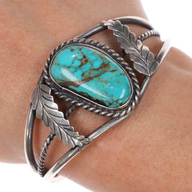 6" 60's-70's Navajo sterling silver feather cuff bracelet w/turquoise - Estate Fresh Austin
