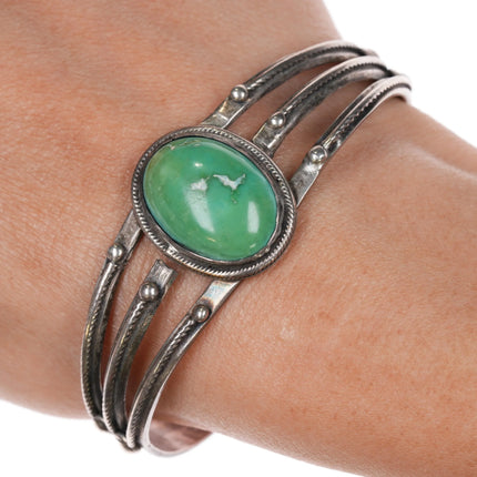 6.35" 1930's Navajo sterling silver 3 shank single stone turquoise cuff bracelet - Estate Fresh Austin