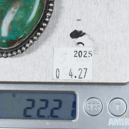 c1950 Navajo Green turquoise pin sterling silver beaded rim - Estate Fresh Austin