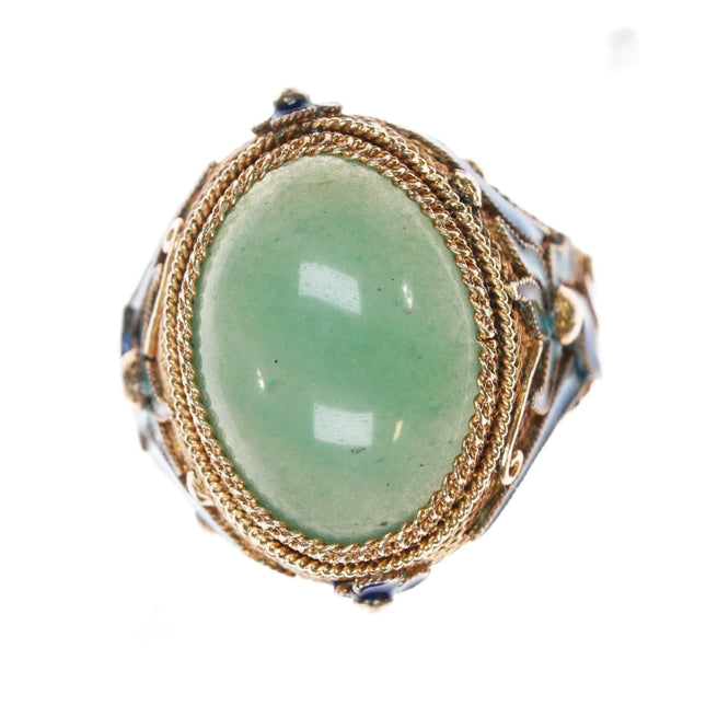 sz7.5 Adjustable c1940's Chinese gilt sterling enamel jade ring - Estate Fresh Austin