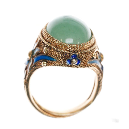 sz7.5 Adjustable c1940's Chinese gilt sterling enamel jade ring - Estate Fresh Austin