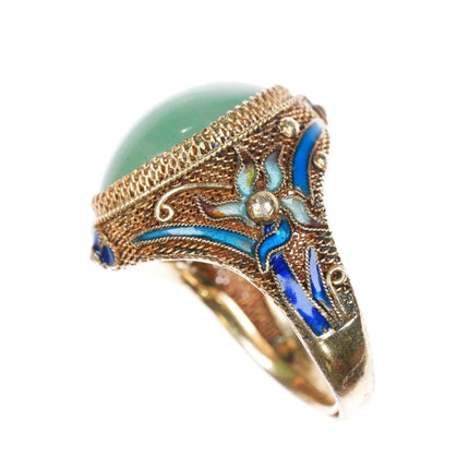 sz7.5 Adjustable c1940's Chinese gilt sterling enamel jade ring - Estate Fresh Austin