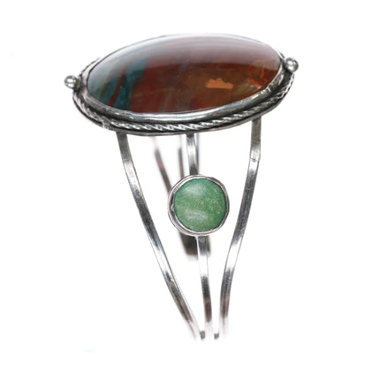 6.7" c1950's Native American silver picture jasper turquoise cuff bracelet - Estate Fresh Austin
