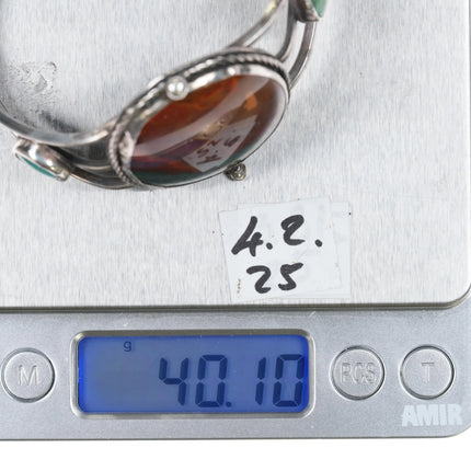 6.7" c1950's Native American silver picture jasper turquoise cuff bracelet - Estate Fresh Austin