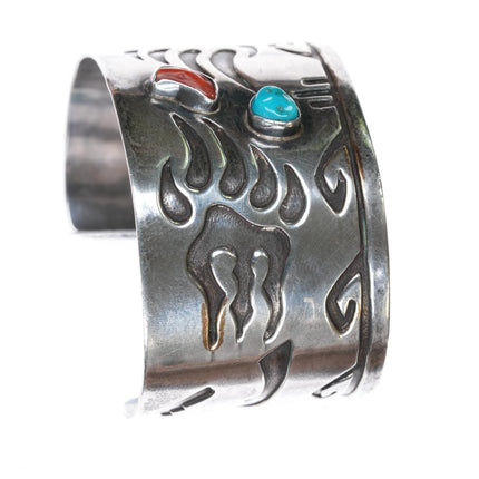 6.75" AY Navajo overlay Silver turquoise and coral bear claw cuff bracelet - Estate Fresh Austin