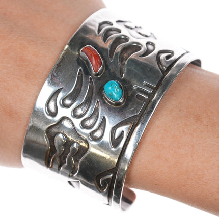 6.75" AY Navajo overlay Silver turquoise and coral bear claw cuff bracelet - Estate Fresh Austin