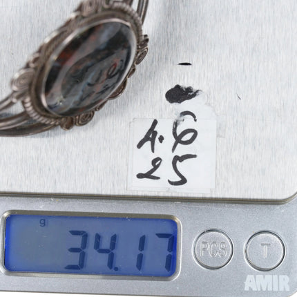 6.125" 1940's Navajo silver petrified wood agate triple shank cuff bracelet - Estate Fresh Austin