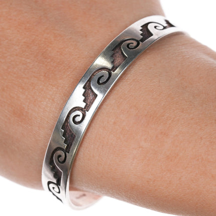 6.8" Hopi overlay geometric pattern cuff bracelet sterling silver - Estate Fresh Austin