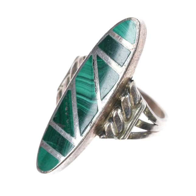 sz6 Vintage Navajo sterling silver malachite channel inlay ring - Estate Fresh Austin