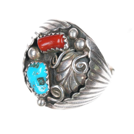 sz9.5 1970's Navajo sterling silver, turquoise, coral ornate feather ring - Estate Fresh Austin